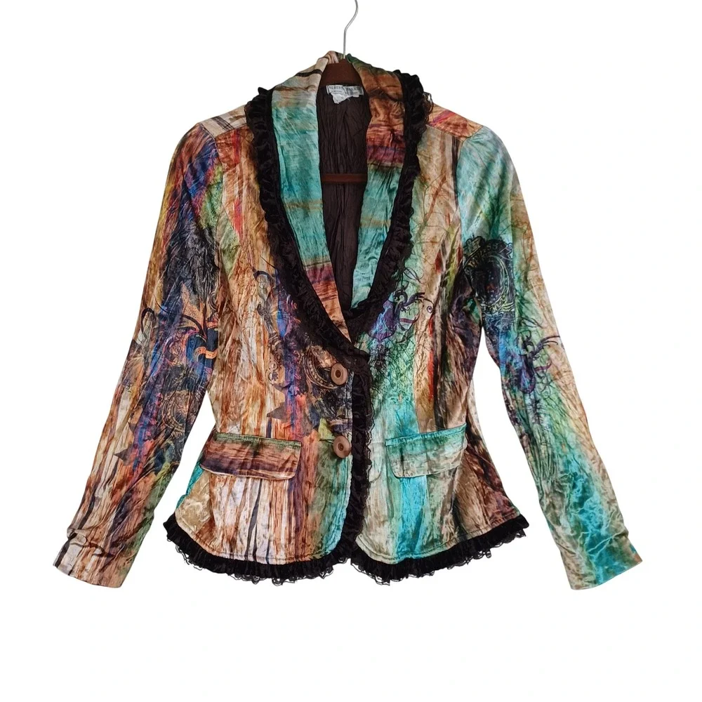 Albert Makali Womens Artistic Abstract Print Ruffle Lace Trim Blazer Jacket M